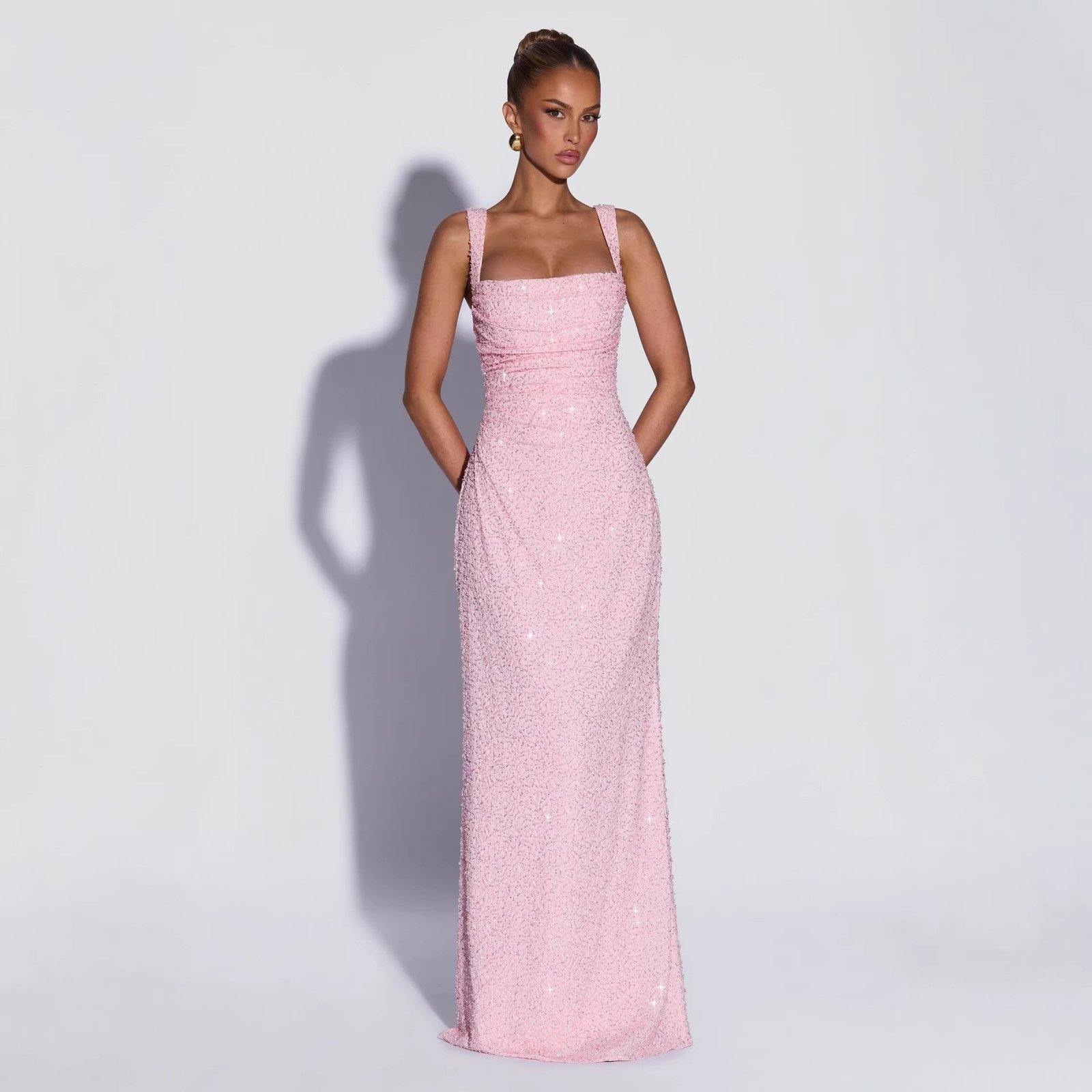 Sequined Sleeveless Tube Top Long Dress with Slit - Image 3