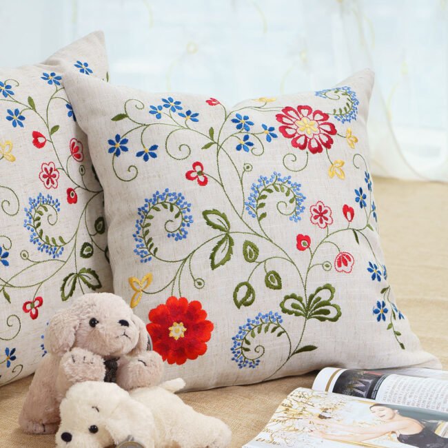 Pastoral Style Simple Embroidery Flowers And Plants Square European Sofa Living