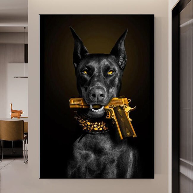 Black Doberman Dog Lion Holding Pistol Poster Art Paintings