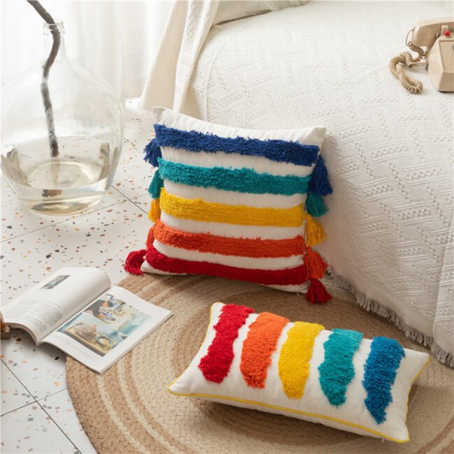 Bag Haircut Moroccan Style Cotton Canvas Tufted Rainbow Geometric Stripe