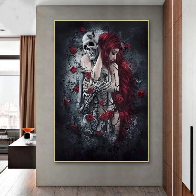 Skull Wall Art Painting Red Rose Canvas Picture Long-Haired Woman Poster and