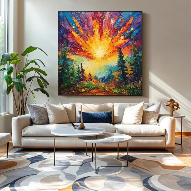 Hand-painted Oil Paintings Sun Rises In The Deep Forest Shining With Brilliant
