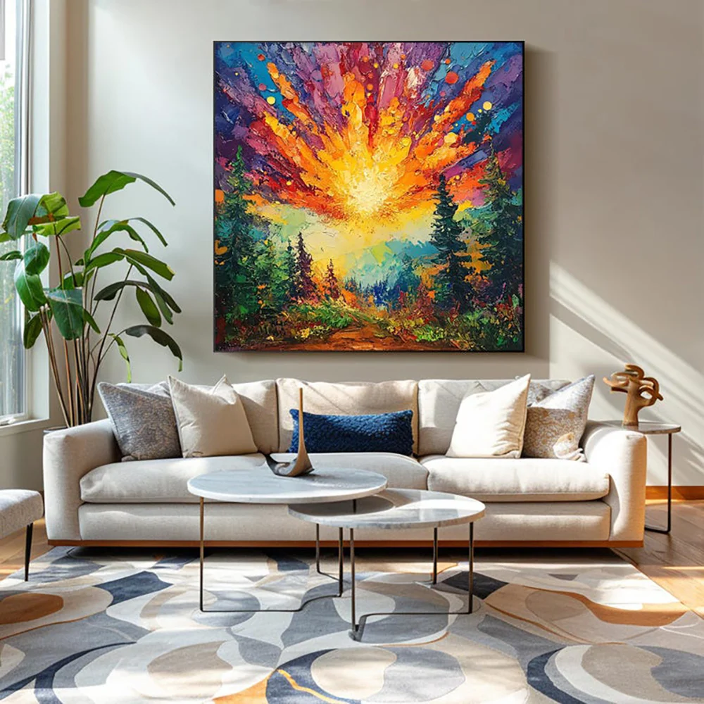Hand-painted Oil Paintings Sun Rises In The Deep Forest Shining With Brilliant